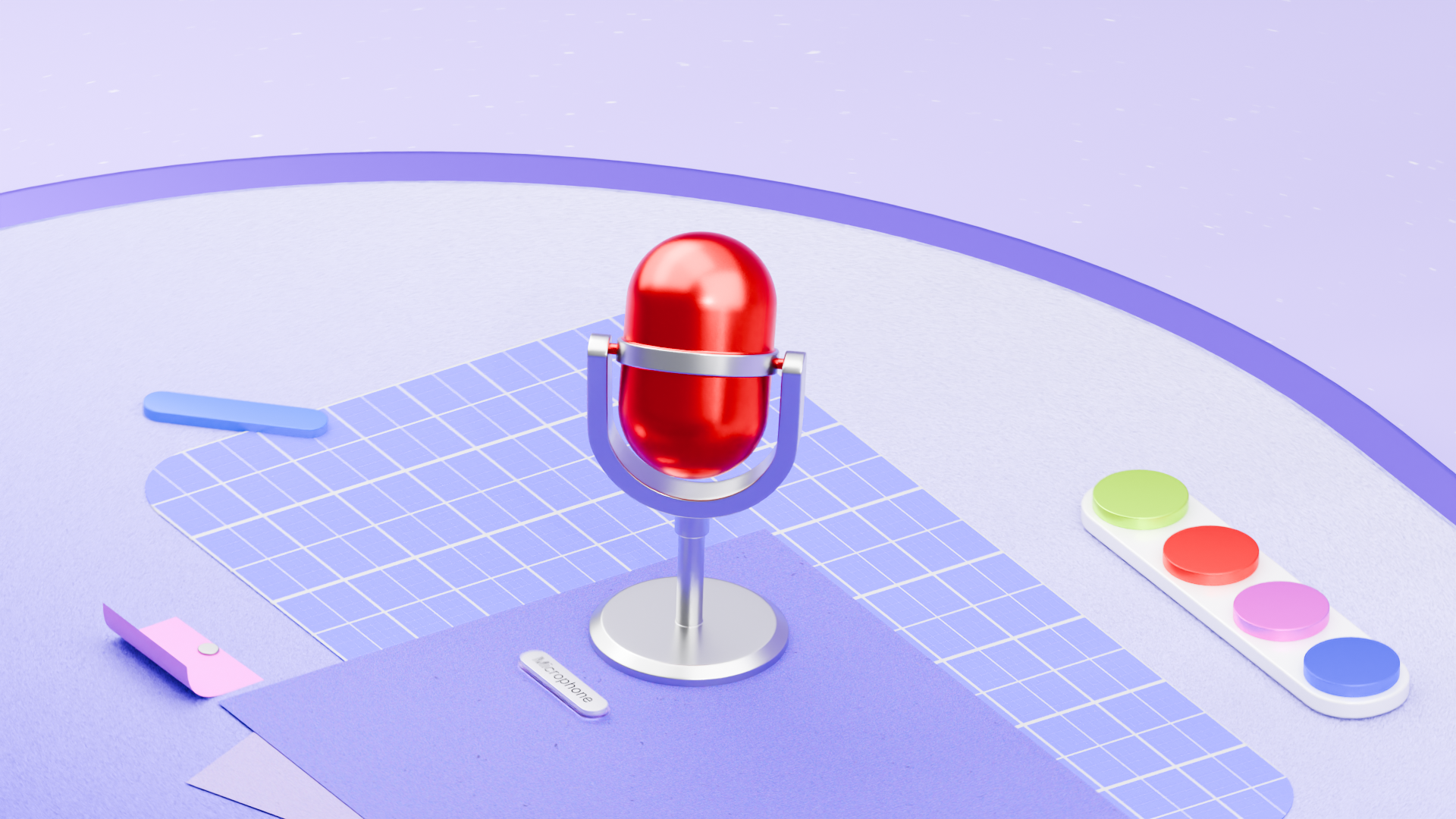 A red microphone icon in a lilac 3D design scene